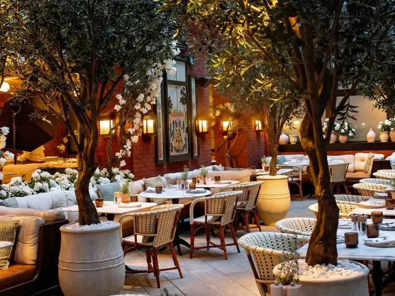 Elegant Mediterranean restaurant courtyard with olive trees